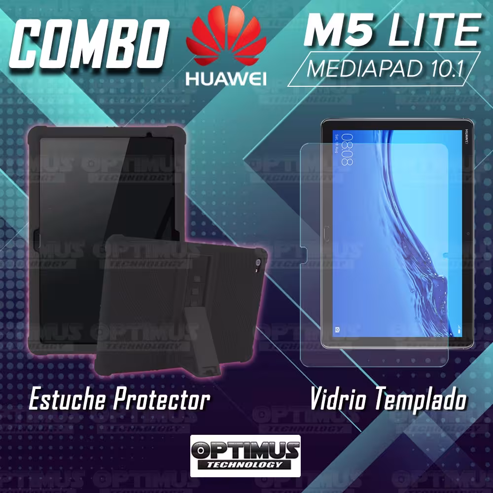 Kit Vidrio templado y Estuche Protector de goma antigolpes con soporte Tablet Huawei Mediapad M5 Lite 10.1 OPTIMUS TECHNOLOGY™ -