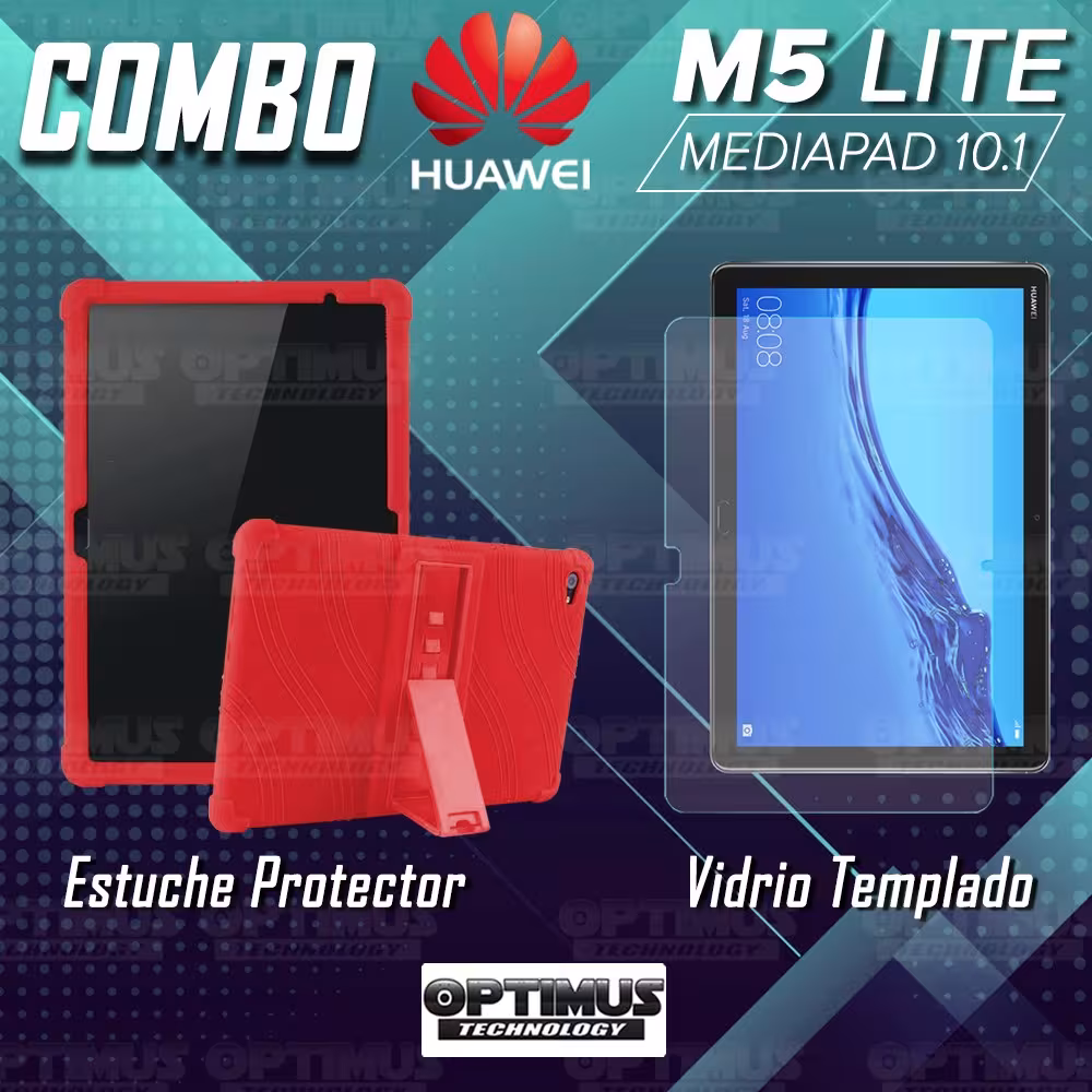 Kit Vidrio templado y Estuche Protector de goma antigolpes con soporte Tablet Huawei Mediapad M5 Lite 10.1 OPTIMUS TECHNOLOGY™ -