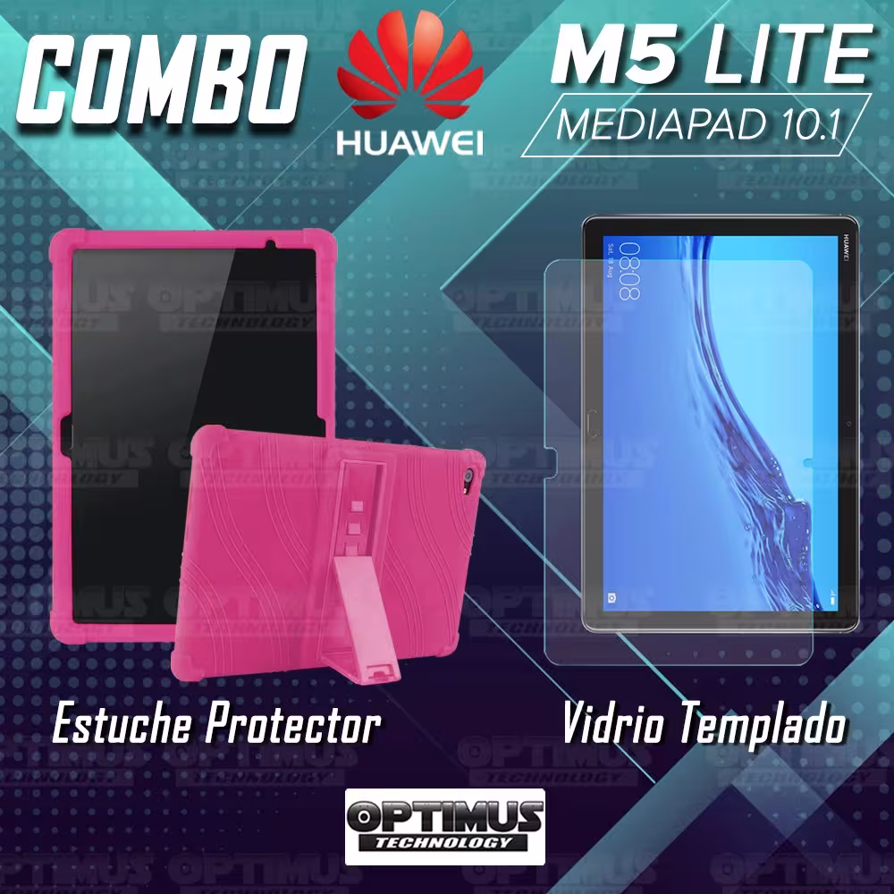 Kit Vidrio templado y Estuche Protector de goma antigolpes con soporte Tablet Huawei Mediapad M5 Lite 10.1 OPTIMUS TECHNOLOGY™ -