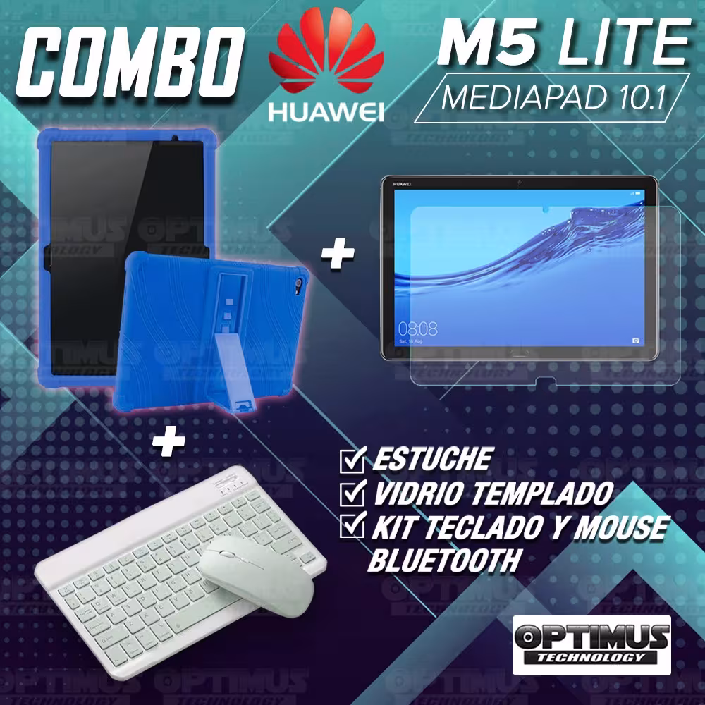 Kit Vidrio templado + Estuche Protector Goma + Teclado y Mouse Ratón Bluetooth para Tablet Huawei Mediapad M5 Lite 10.1 OPTIMUS