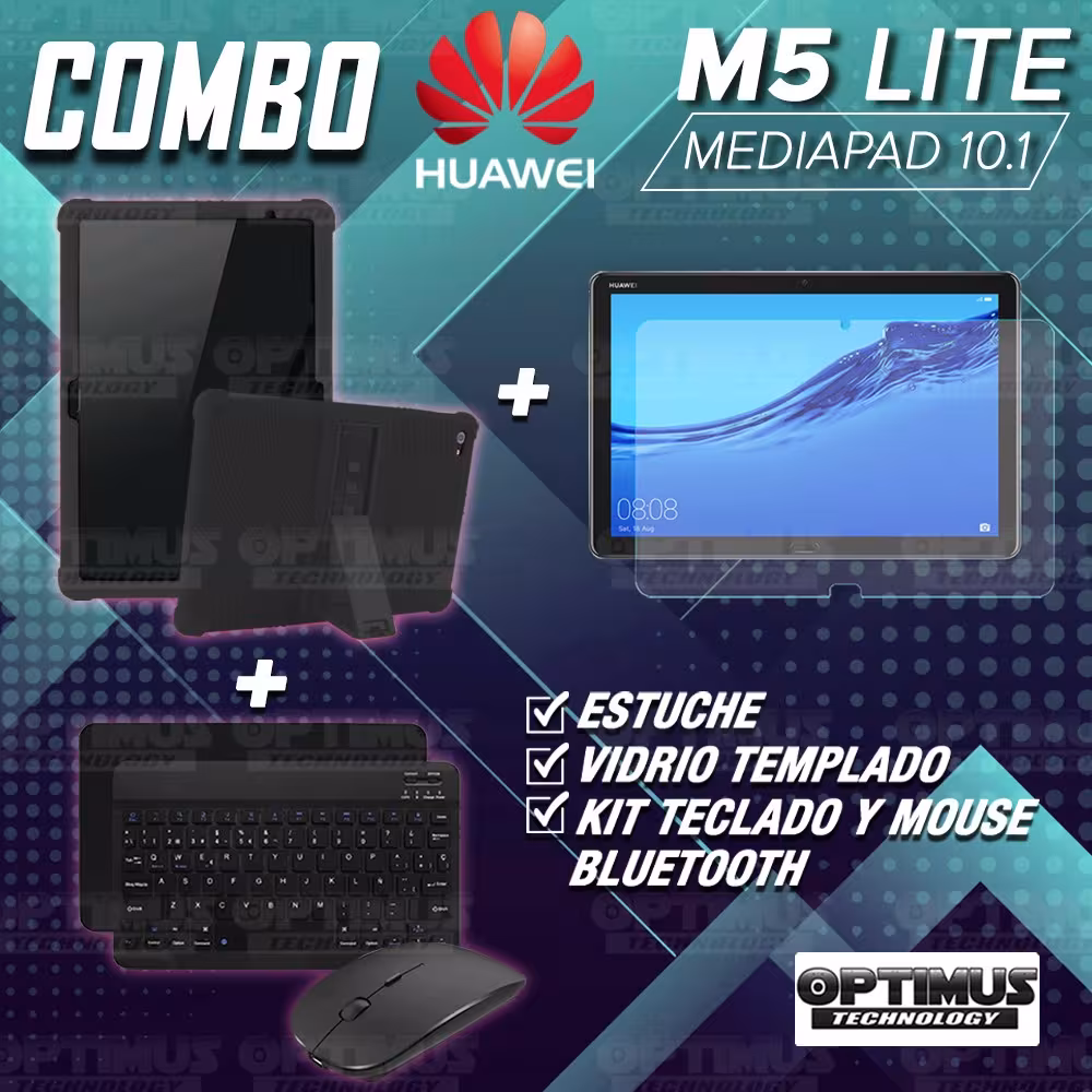 Kit Vidrio templado + Estuche Protector Goma + Teclado y Mouse Ratón Bluetooth para Tablet Huawei Mediapad M5 Lite 10.1 OPTIMUS