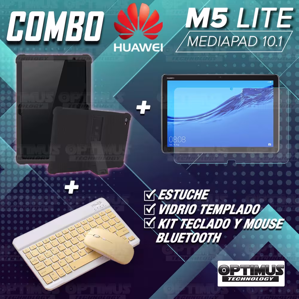 Kit Vidrio templado + Estuche Protector Goma + Teclado y Mouse Ratón Bluetooth para Tablet Huawei Mediapad M5 Lite 10.1 OPTIMUS