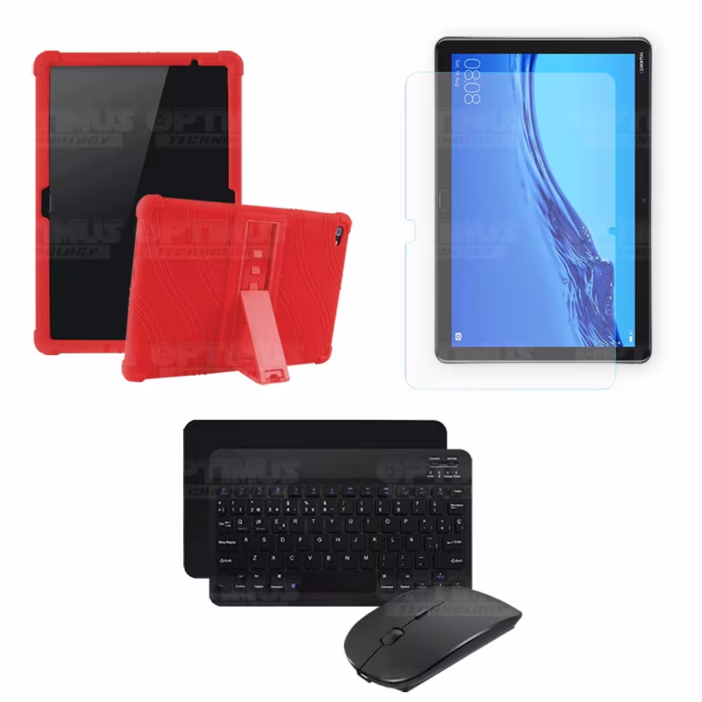 Kit Vidrio templado + Estuche Protector Goma + Teclado y Mouse Ratón Bluetooth para Tablet Huawei Mediapad M5 Lite 10.1 OPTIMUS