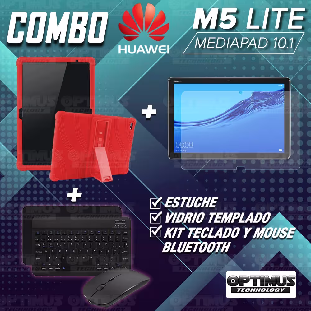 Kit Vidrio templado + Estuche Protector Goma + Teclado y Mouse Ratón Bluetooth para Tablet Huawei Mediapad M5 Lite 10.1 OPTIMUS