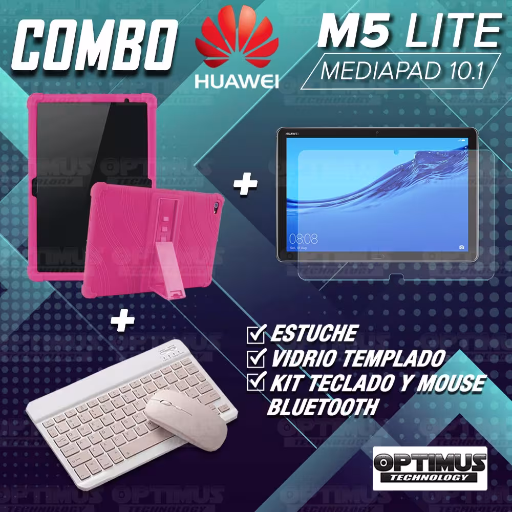 Kit Vidrio templado + Estuche Protector Goma + Teclado y Mouse Ratón Bluetooth para Tablet Huawei Mediapad M5 Lite 10.1 OPTIMUS