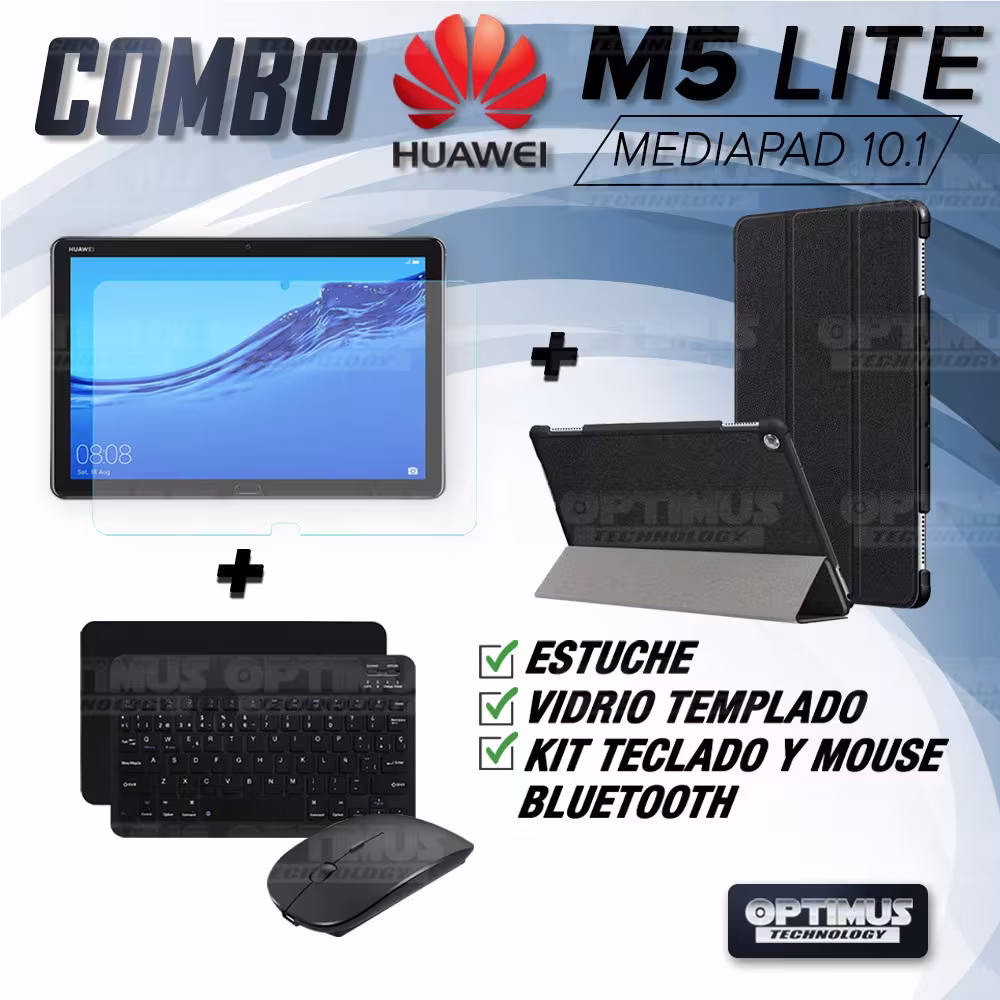Kit Vidrio templado + Case Forro Protector + Teclado y Mouse Ratón Bluetooth para Tablet Huawei Mediapad M5 Lite 10.1 OPTIMUS TE