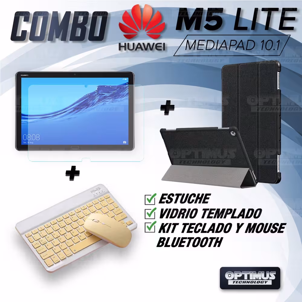 Kit Vidrio templado + Case Forro Protector + Teclado y Mouse Ratón Bluetooth para Tablet Huawei Mediapad M5 Lite 10.1 OPTIMUS TE
