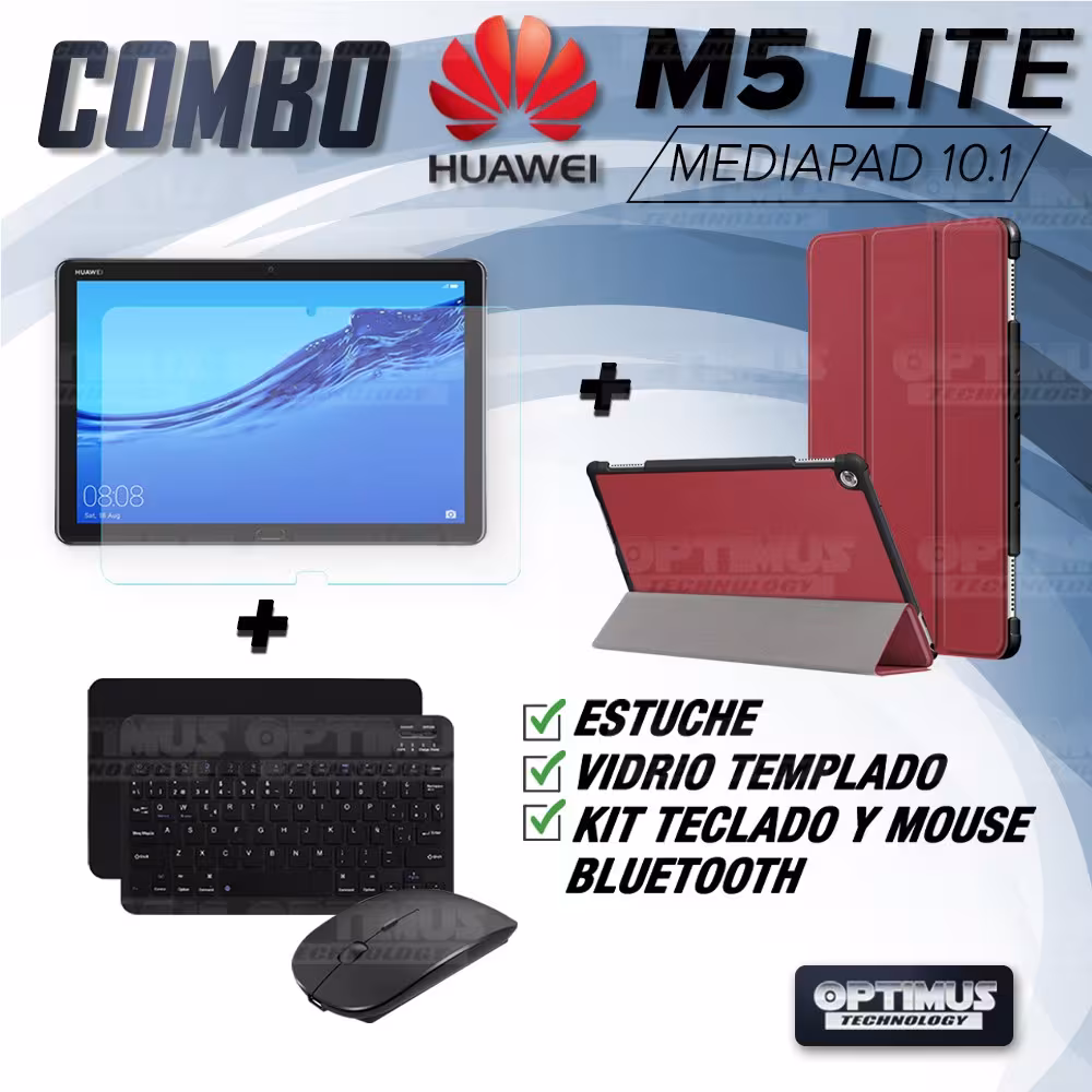 Kit Vidrio templado + Case Forro Protector + Teclado y Mouse Ratón Bluetooth para Tablet Huawei Mediapad M5 Lite 10.1 OPTIMUS TE