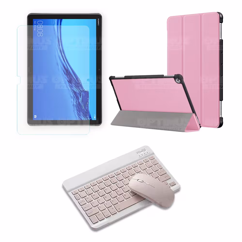 Kit Vidrio templado + Case Forro Protector + Teclado y Mouse Ratón Bluetooth para Tablet Huawei Mediapad M5 Lite 10.1 OPTIMUS TE