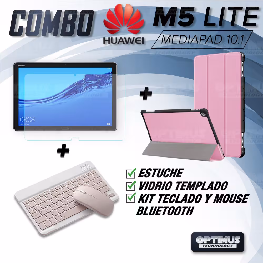 Kit Vidrio templado + Case Forro Protector + Teclado y Mouse Ratón Bluetooth para Tablet Huawei Mediapad M5 Lite 10.1 OPTIMUS TE