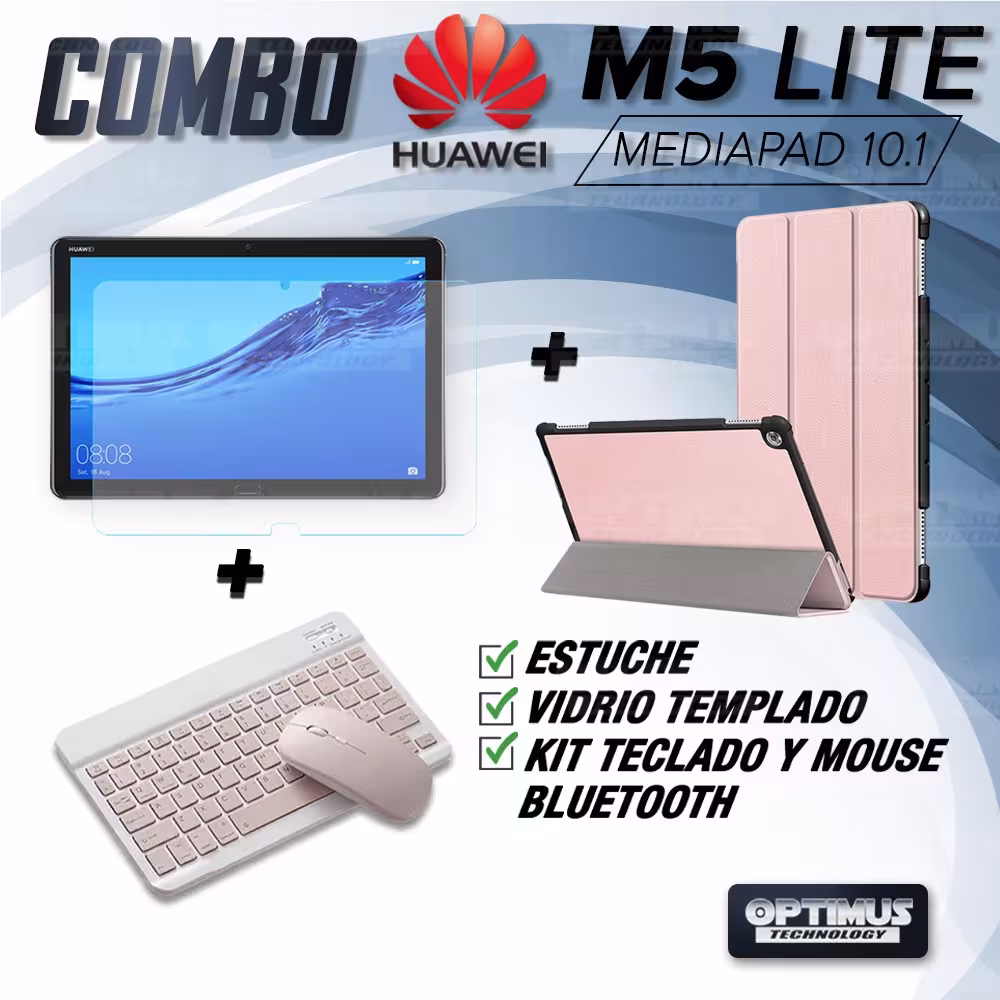 Kit Vidrio templado + Case Forro Protector + Teclado y Mouse Ratón Bluetooth para Tablet Huawei Mediapad M5 Lite 10.1 OPTIMUS TE