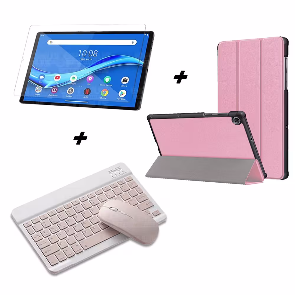 Kit Vidrio templado + Case Forro Protector + Teclado y Mouse Ratón Bluetooth para Tablet Lenovo M10 Plus Tb-x606f OPTIMUS TECHNO