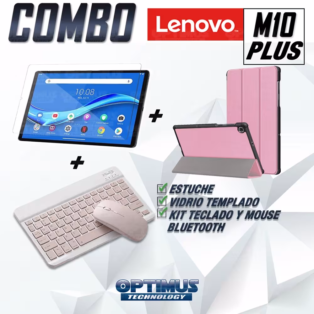 Kit Vidrio templado + Case Forro Protector + Teclado y Mouse Ratón Bluetooth para Tablet Lenovo M10 Plus Tb-x606f OPTIMUS TECHNO