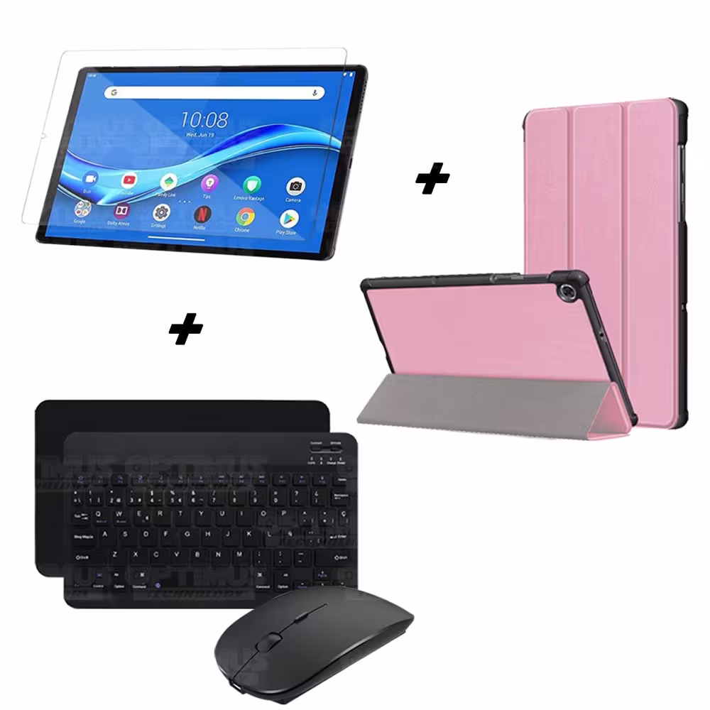 Kit Vidrio templado + Case Forro Protector + Teclado y Mouse Ratón Bluetooth para Tablet Lenovo M10 Plus Tb-x606f OPTIMUS TECHNO