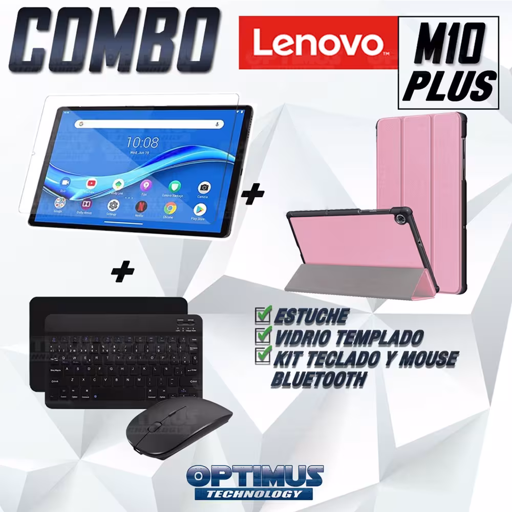 Kit Vidrio templado + Case Forro Protector + Teclado y Mouse Ratón Bluetooth para Tablet Lenovo M10 Plus Tb-x606f OPTIMUS TECHNO