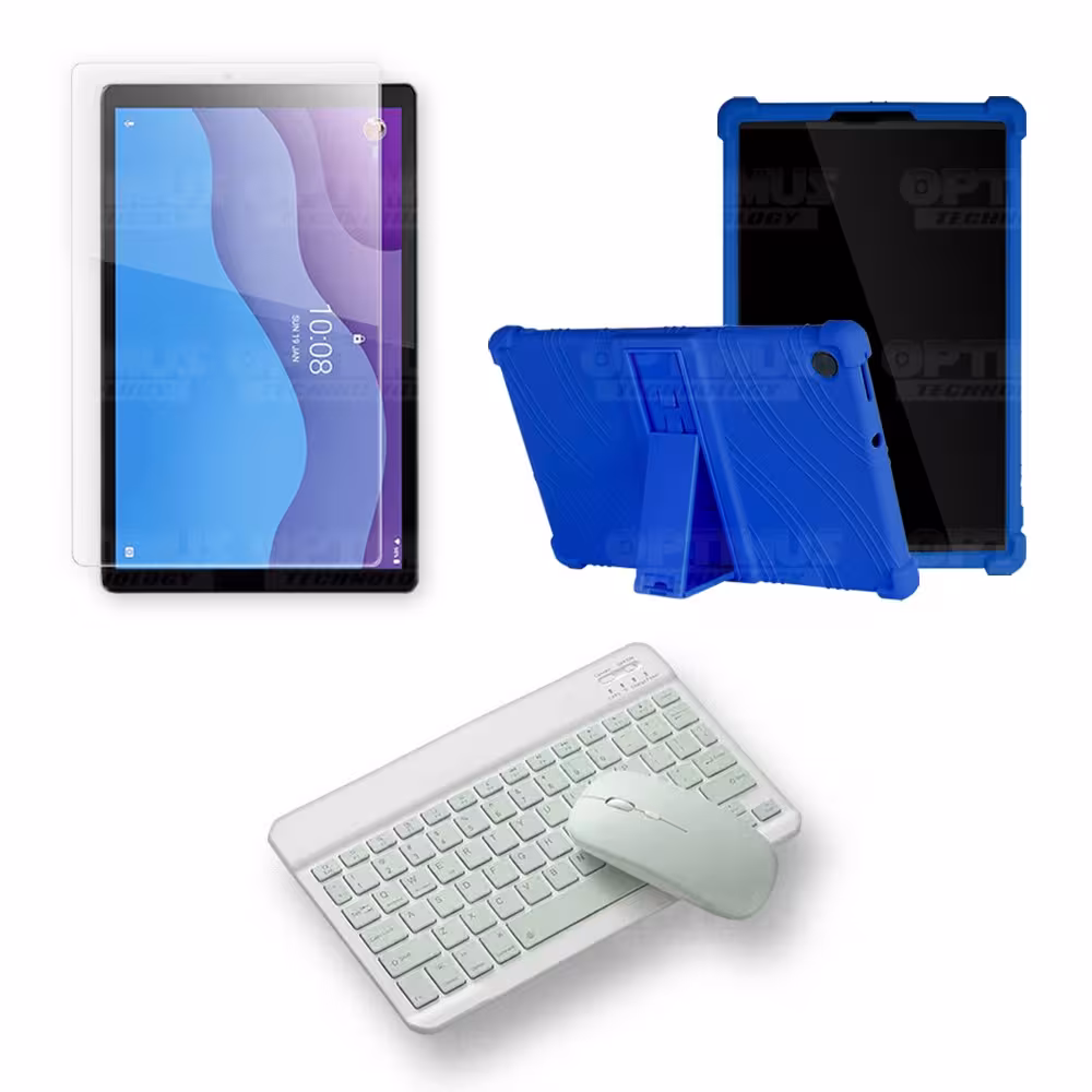 Kit Vidrio templado + Estuche Protector Goma + Teclado y Mouse Ratón Bluetooth para Tablet Lenovo M10 HD TB-X306 OPTIMUS TECHNOL