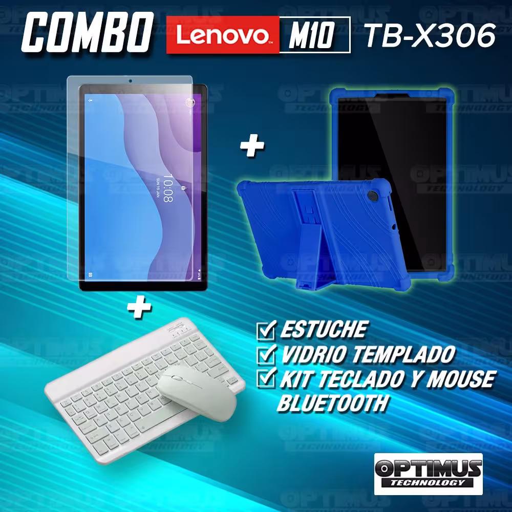 Kit Vidrio templado + Estuche Protector Goma + Teclado y Mouse Ratón Bluetooth para Tablet Lenovo M10 HD TB-X306 OPTIMUS TECHNOL
