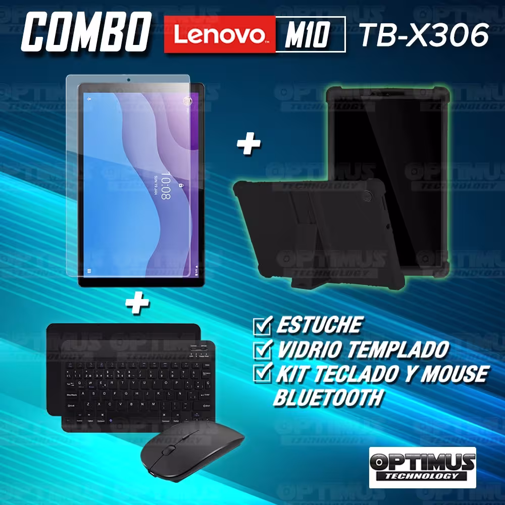 Kit Vidrio templado + Estuche Protector Goma + Teclado y Mouse Ratón Bluetooth para Tablet Lenovo M10 HD TB-X306 OPTIMUS TECHNOL