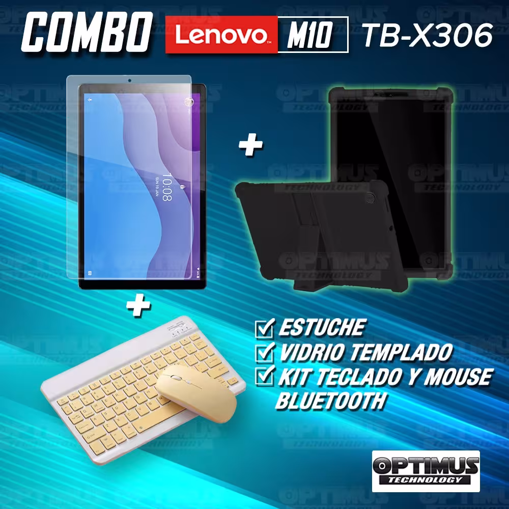 Kit Vidrio templado + Estuche Protector Goma + Teclado y Mouse Ratón Bluetooth para Tablet Lenovo M10 HD TB-X306 OPTIMUS TECHNOL