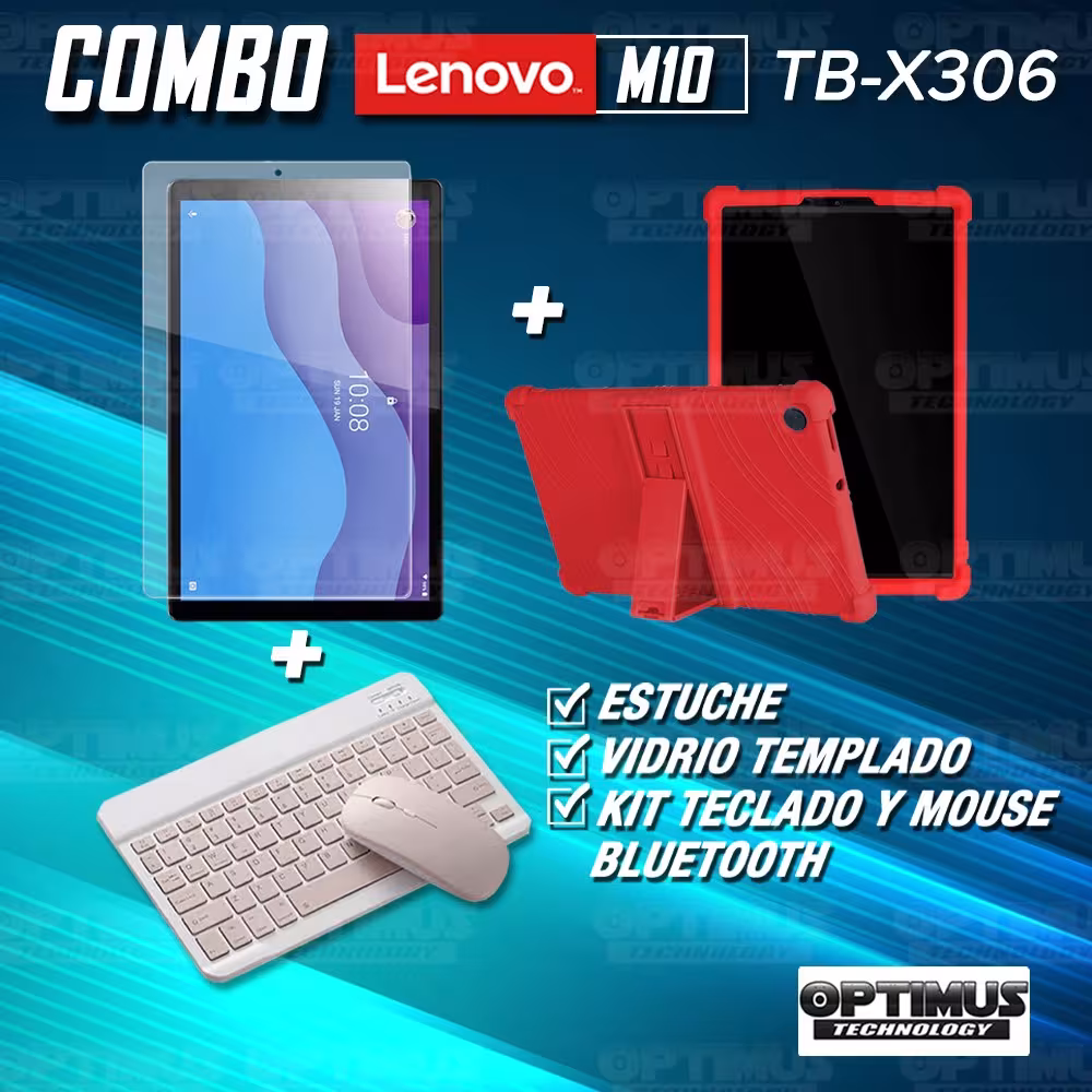 Kit Vidrio templado + Estuche Protector Goma + Teclado y Mouse Ratón Bluetooth para Tablet Lenovo M10 HD TB-X306 OPTIMUS TECHNOL