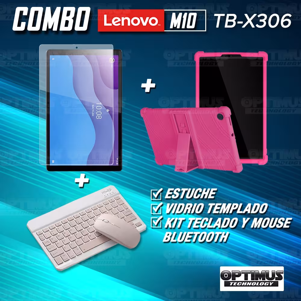 Kit Vidrio templado + Estuche Protector Goma + Teclado y Mouse Ratón Bluetooth para Tablet Lenovo M10 HD TB-X306 OPTIMUS TECHNOL