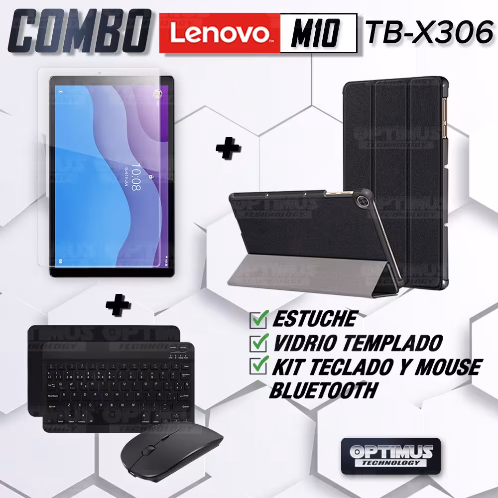 Kit Vidrio templado + Case Forro Protector + Teclado y Mouse Ratón Bluetooth para Tablet Lenovo M10 HD TB-X306 OPTIMUS TECHNOLOG