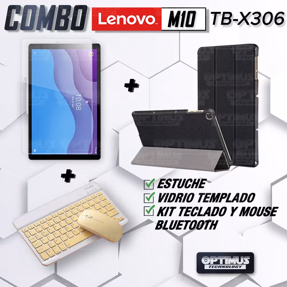 Kit Vidrio templado + Case Forro Protector + Teclado y Mouse Ratón Bluetooth para Tablet Lenovo M10 HD TB-X306 OPTIMUS TECHNOLOG