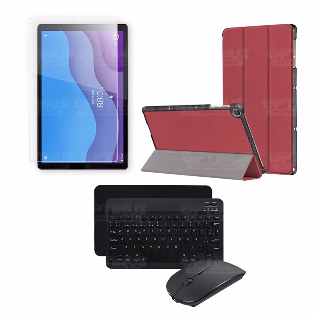 Kit Vidrio templado + Case Forro Protector + Teclado y Mouse Ratón Bluetooth para Tablet Lenovo M10 HD TB-X306 OPTIMUS TECHNOLOG