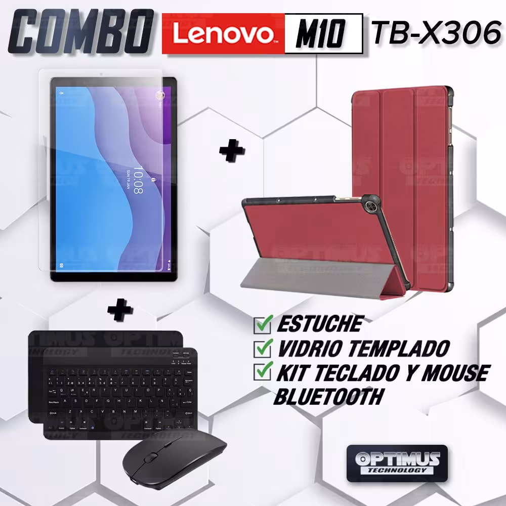 Kit Vidrio templado + Case Forro Protector + Teclado y Mouse Ratón Bluetooth para Tablet Lenovo M10 HD TB-X306 OPTIMUS TECHNOLOG