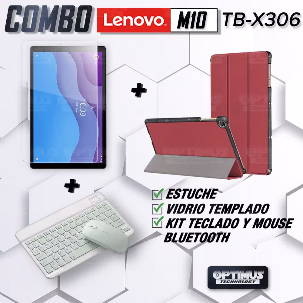 Kit Vidrio templado + Case Forro Protector + Teclado y Mouse Ratón Bluetooth para Tablet Lenovo M10 HD TB-X306 OPTIMUS TECHNOLOG