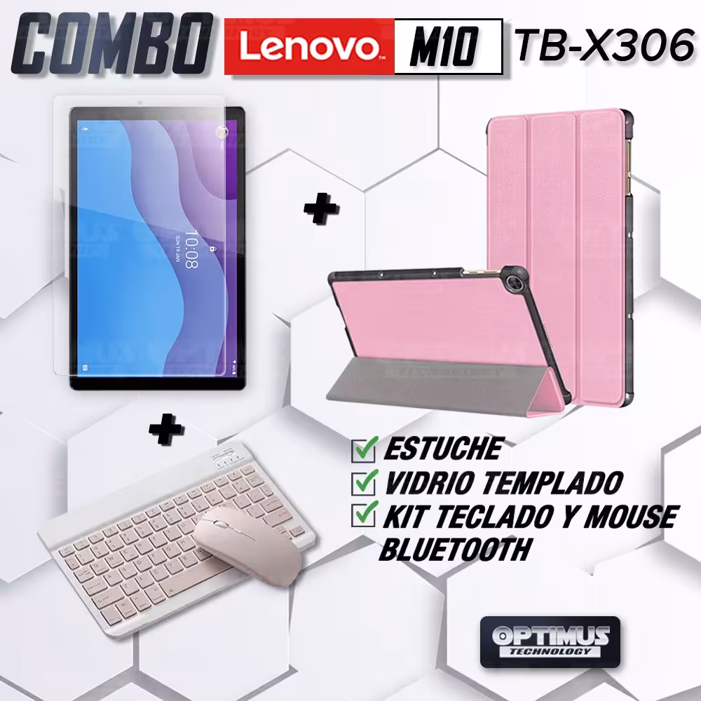 Kit Vidrio templado + Case Forro Protector + Teclado y Mouse Ratón Bluetooth para Tablet Lenovo M10 HD TB-X306 OPTIMUS TECHNOLOG