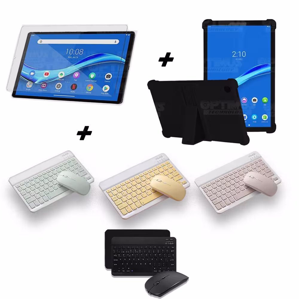 Kit Vidrio templado + Estuche Protector Goma + Teclado y Mouse Ratón Bluetooth para Tablet Lenovo M10 Plus Tb-x606f OPTIMUS TECH