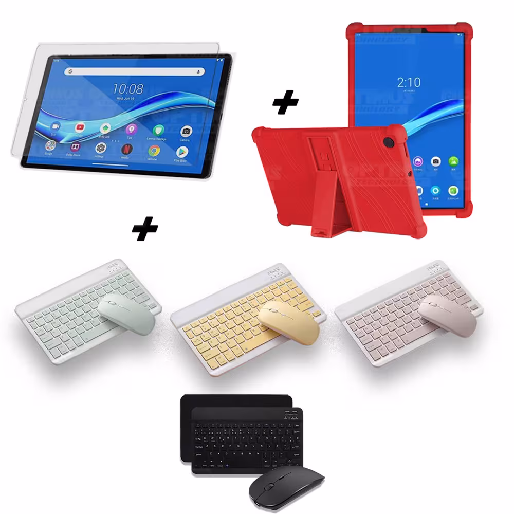 Kit Vidrio templado + Estuche Protector Goma + Teclado y Mouse Ratón Bluetooth para Tablet Lenovo M10 Plus Tb-x606f OPTIMUS TECH