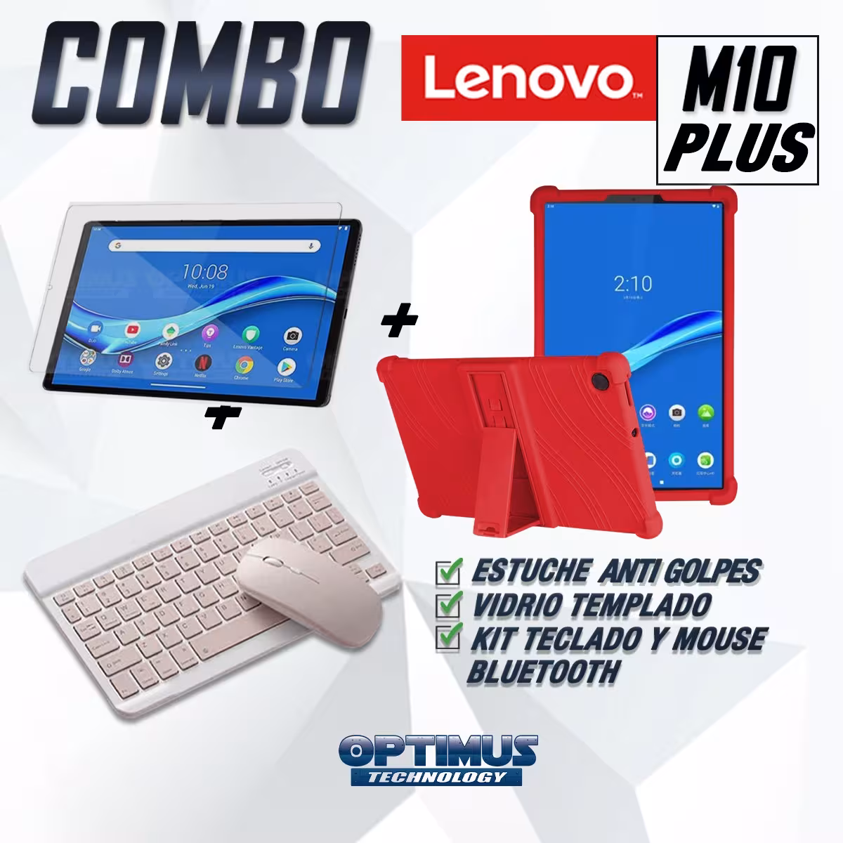 Kit Vidrio templado + Estuche Protector Goma + Teclado y Mouse Ratón Bluetooth para Tablet Lenovo M10 Plus Tb-x606f OPTIMUS TECH