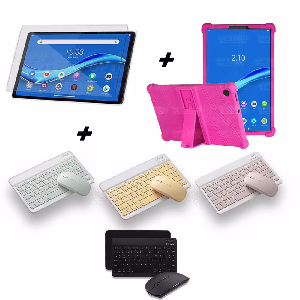 Kit Vidrio templado + Estuche Protector Goma + Teclado y Mouse Ratón Bluetooth para Tablet Lenovo M10 Plus Tb-x606f OPTIMUS TECH