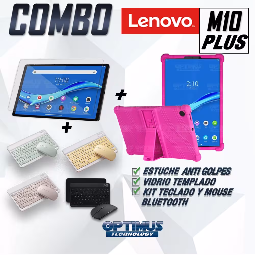 Kit Vidrio templado + Estuche Protector Goma + Teclado y Mouse Ratón Bluetooth para Tablet Lenovo M10 Plus Tb-x606f OPTIMUS TECH