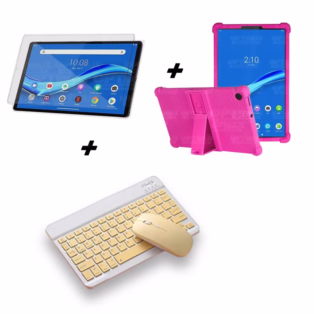 Kit Vidrio templado + Estuche Protector Goma + Teclado y Mouse Ratón Bluetooth para Tablet Lenovo M10 Plus Tb-x606f OPTIMUS TECH