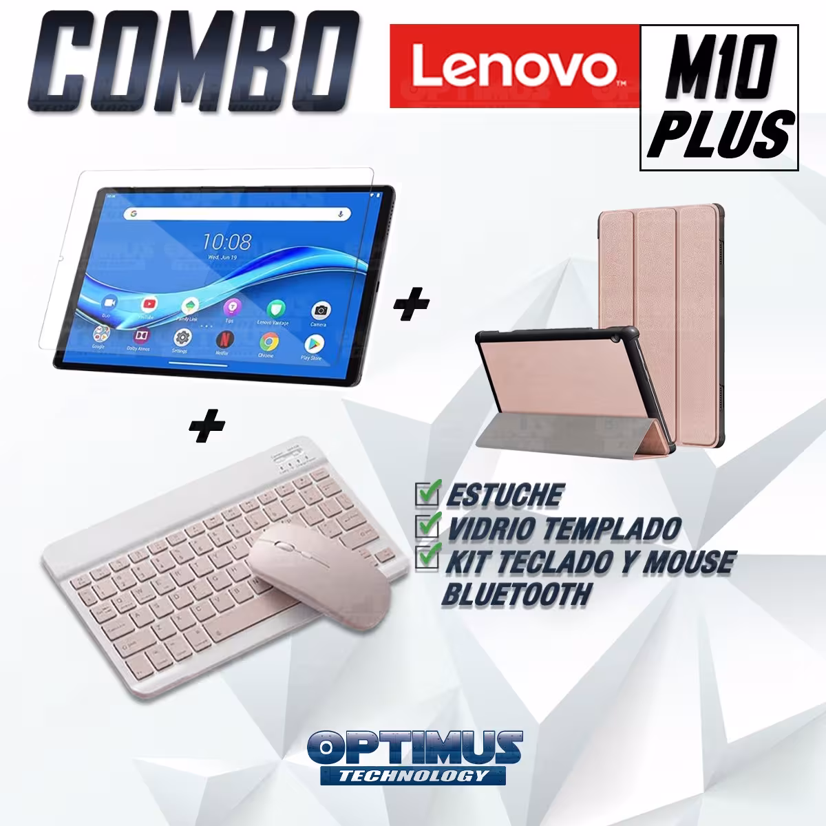 Kit Vidrio templado + Case Forro Protector + Teclado y Mouse Ratón Bluetooth para Tablet Lenovo M10 Plus Tb-x606f OPTIMUS TECHNO