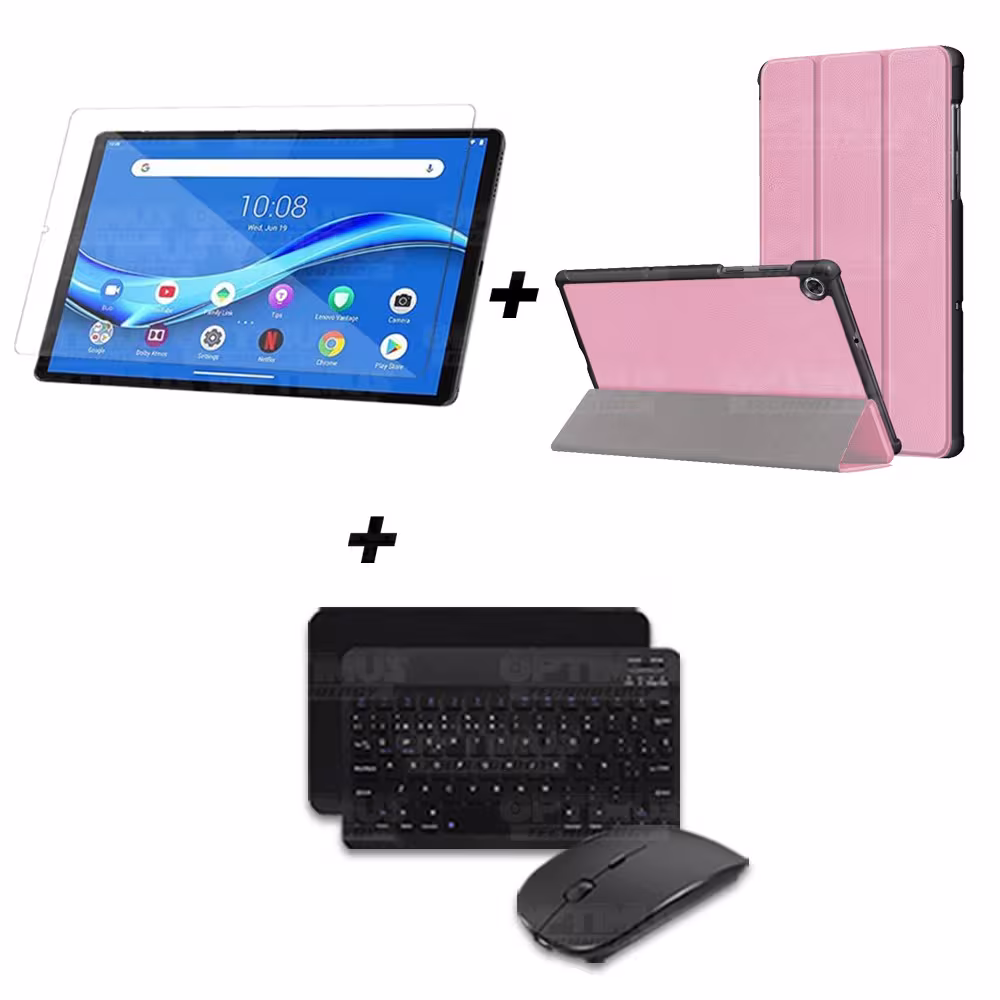 Kit Vidrio templado + Case Forro Protector + Teclado y Mouse Ratón Bluetooth para Tablet Lenovo M10 Plus Tb-x606f OPTIMUS TECHNO
