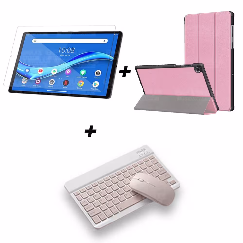 Kit Vidrio templado + Case Forro Protector + Teclado y Mouse Ratón Bluetooth para Tablet Lenovo M10 Plus Tb-x606f OPTIMUS TECHNO