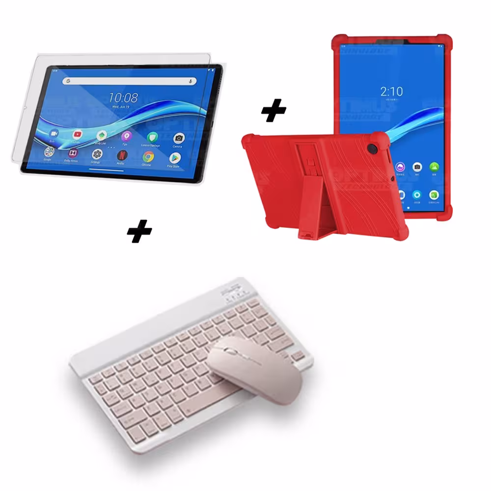 Kit Vidrio templado + Estuche Protector Goma + Teclado y Mouse Ratón Bluetooth para Tablet Lenovo M10 Plus Tb-x606f OPTIMUS TECH
