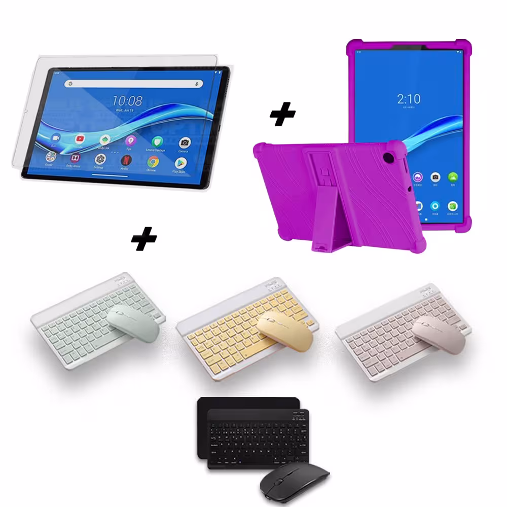 Kit Vidrio templado + Estuche Protector Goma + Teclado y Mouse Ratón Bluetooth para Tablet Lenovo M10 Plus Tb-x606f OPTIMUS TECH