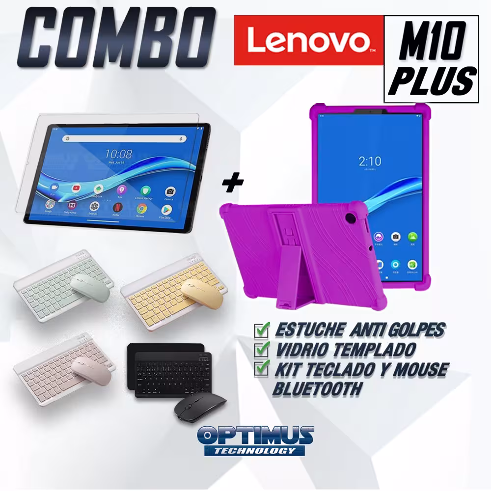 Kit Vidrio templado + Estuche Protector Goma + Teclado y Mouse Ratón Bluetooth para Tablet Lenovo M10 Plus Tb-x606f OPTIMUS TECH