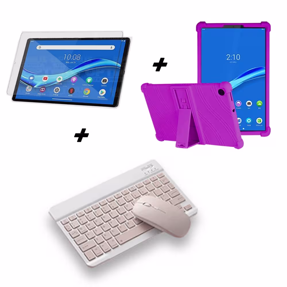 Kit Vidrio templado + Estuche Protector Goma + Teclado y Mouse Ratón Bluetooth para Tablet Lenovo M10 Plus Tb-x606f OPTIMUS TECH