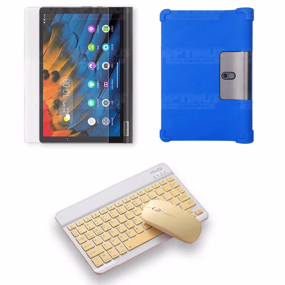 Kit Vidrio templado + Estuche Protector Goma + Teclado y Mouse Ratón Bluetooth para Tablet Lenovo Yoga Smart Tab Yt-x 705f OPTIM