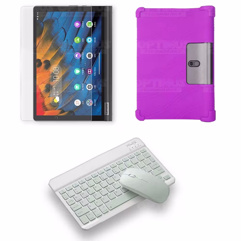 Kit Vidrio templado + Estuche Protector Goma + Teclado y Mouse Ratón Bluetooth para Tablet Lenovo Yoga Smart Tab Yt-x 705f OPTIM