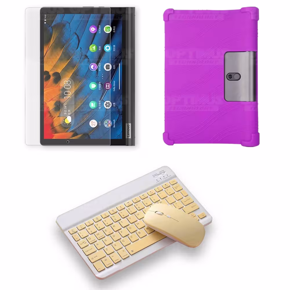 Kit Vidrio templado + Estuche Protector Goma + Teclado y Mouse Ratón Bluetooth para Tablet Lenovo Yoga Smart Tab Yt-x 705f OPTIM