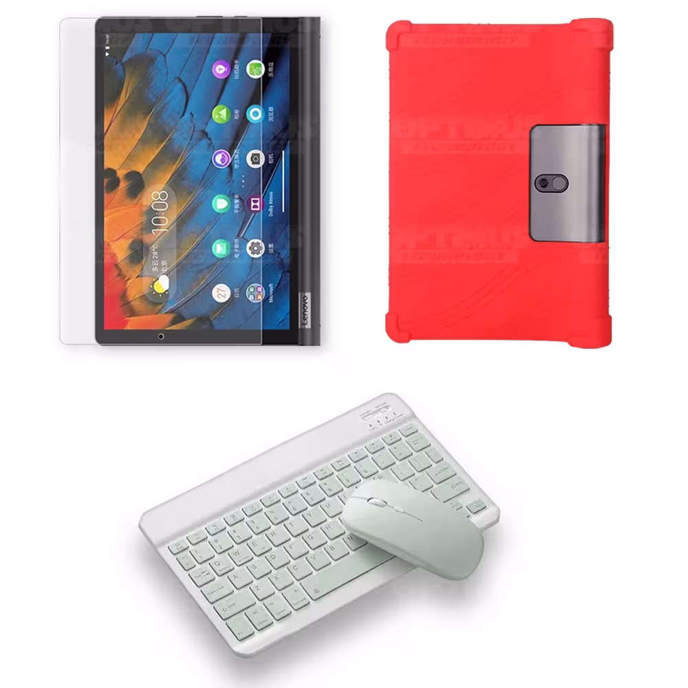 Kit Vidrio templado + Estuche Protector Goma + Teclado y Mouse Ratón Bluetooth para Tablet Lenovo Yoga Smart Tab Yt-x 705f OPTIM