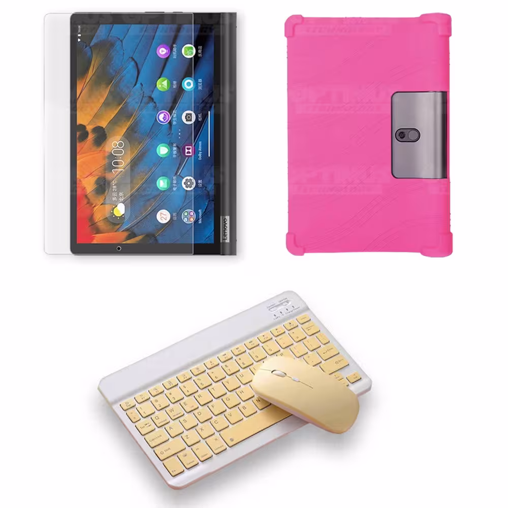 Kit Vidrio templado + Estuche Protector Goma + Teclado y Mouse Ratón Bluetooth para Tablet Lenovo Yoga Smart Tab Yt-x 705f OPTIM