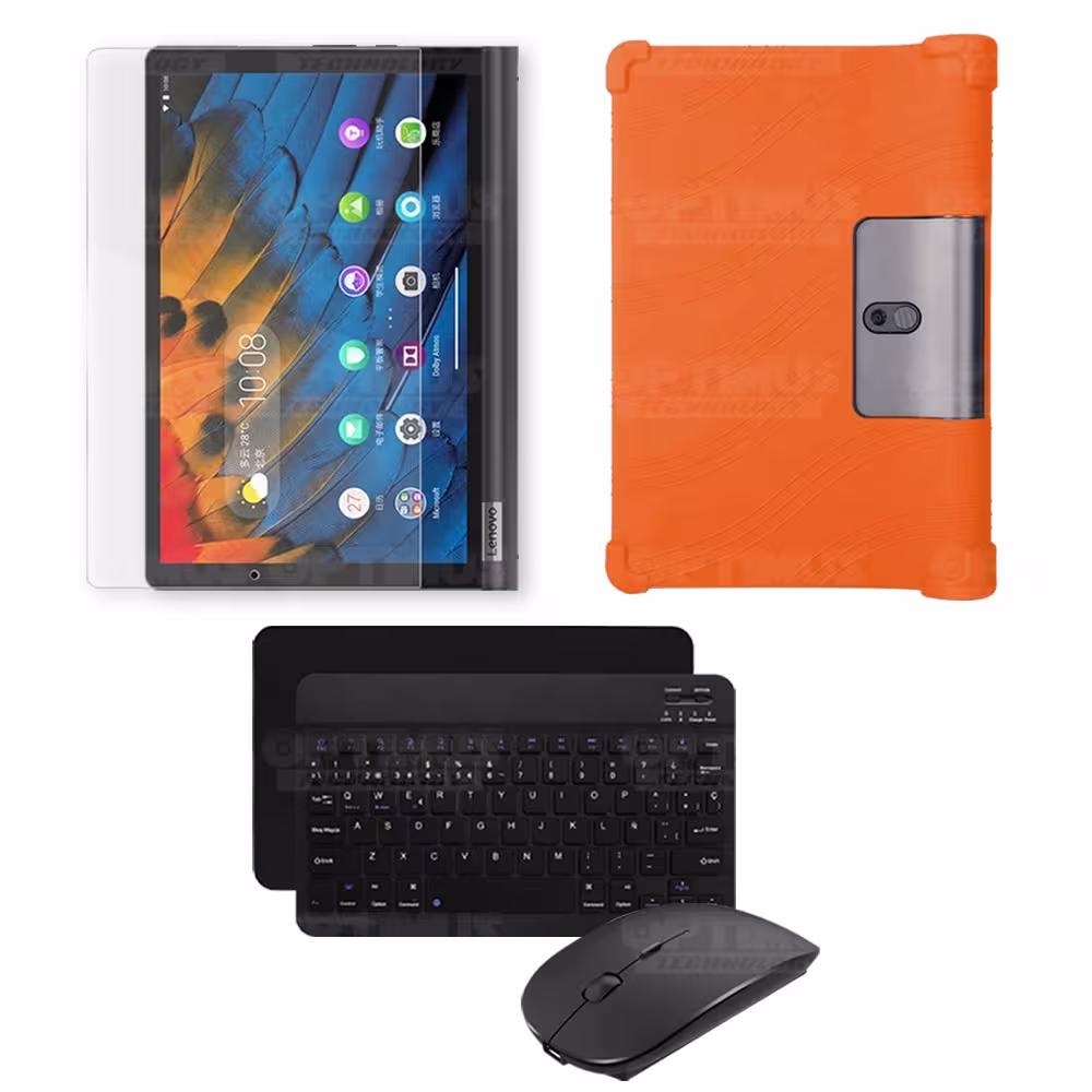Kit Vidrio templado + Estuche Protector Goma + Teclado y Mouse Ratón Bluetooth para Tablet Lenovo Yoga Smart Tab Yt-x 705f OPTIM